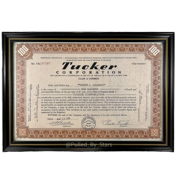 Tucker Corporation Other - TUCKER CORPORATION Vintage 1948 Automotive Collectible Brown Stock Certificate